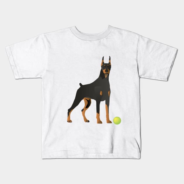 Doberman Dog with a Green Ball Kids T-Shirt by NorseTech